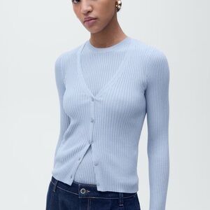 Mango Light Blue Ribbed Knit Button-Front Sweater